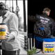 Left: couple holding a jar of Hellmann's. Right: couple posing with Hellmann's jackets and wedding cake.